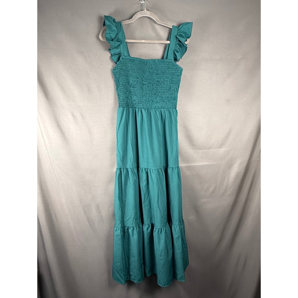 Amazon Maxi Dress Women L Teal Green Smocked Ruffle Tiered Boho Square Neck